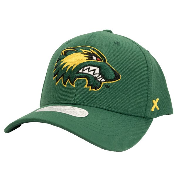 CapX forest green structured adjustable hat from the side with a vintage green and gold mascot head logo